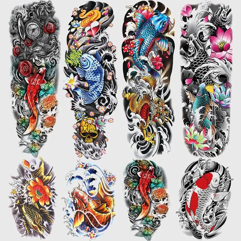 8 Sheets Full Arm & Half Sleeve Temporary Tattoos, Body Fake Tattoos, Ephemeral Tattoos, Colorful Koi Skull Floral Designs, Long-Lasting Waterproof Realistic Body Art Stickers, Aesthetic Tattoo Merch