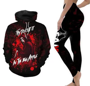 Ghostface Inspired 3D Hoodie and Leggings Set for Women, Horror Movie Style Outfit, Scary Graphic Sweatshirt and Halloween Activewear Combo