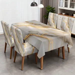 4/5/6/7pcs Golden Veins on Marble Chair Cover And Tablecloth Set, Easy to Install & Care for, Fits Indoor Home Decor, Camping, Festival Decor, Dining Room, Party Use