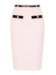 INSPIRE CHIC Women's Pencil Skirt Midi Length High Waisted Tweed Skirt Button Decor Bodycon Office Work Skirts with Belt Light Pink