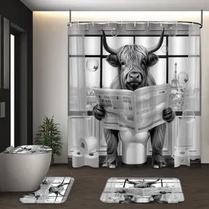 LVRLVR 4pcs Highland Cow Reading Newspaper Paris Eiffel Tower Humorous Black White Bathroom Set with Shower Curtain, Bath Rugs and Hooks, Shower Curtain Sets - 70.8"×70.8" (180×180cm)