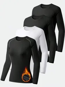 4 Pack Women’s Thermal Shirts, Women Fleece Lined Compression Long Sleeve Base Layer Tops for Winter Cold Weather