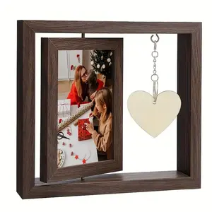 Vintage Wooden Rotating Photo Frame Heart-Shaped Hanging Decorative Stand, Creative Gift for Mother's Day Christmas Valentine's New Year, Home Decoration