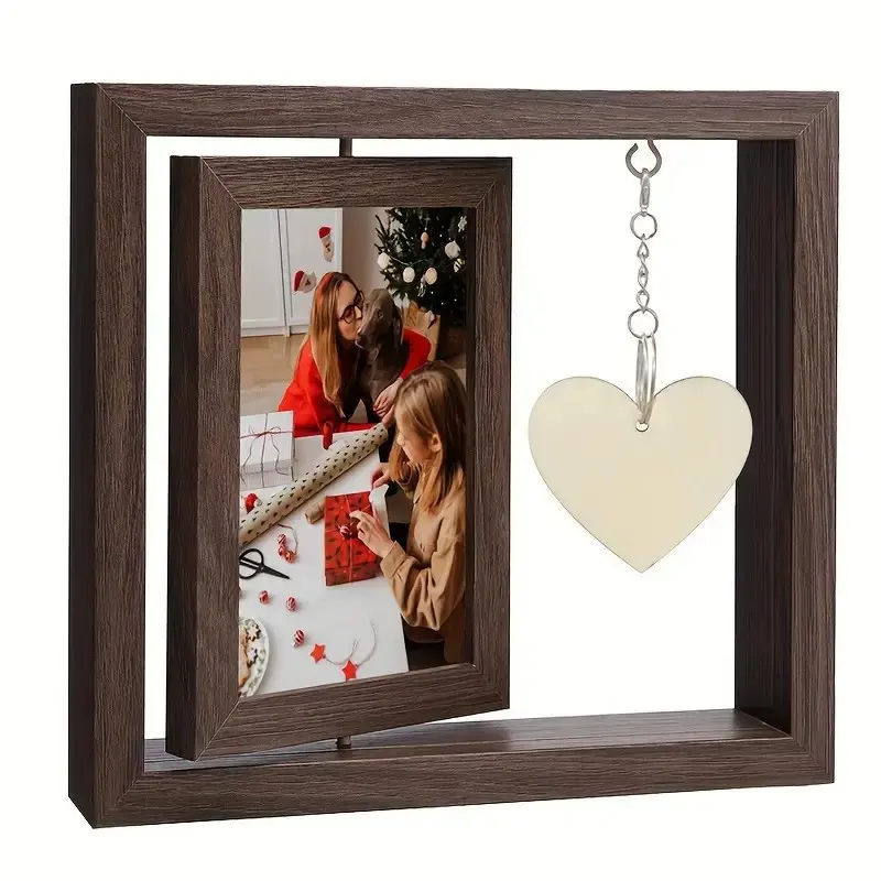 Vintage Wooden Rotating Photo Frame Heart-Shaped Hanging Decorative Stand, Creative Gift for Mother's Day Christmas Valentine's New Year, Home Decoration
