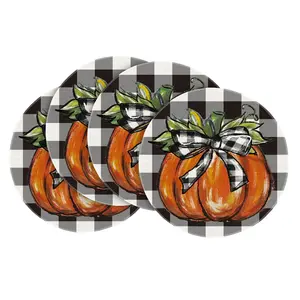 Buffalo Plaid Pumpkin Fall Round Placemats Set of 4, 14 Inch Round Table Mats for Dining Decoration