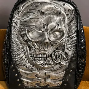 Cracked Phantom Skull Gothic Backpack – Silver Studded Streetwear Bookbag