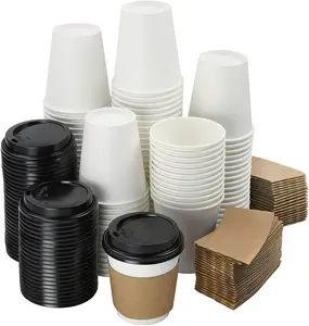 NYHI 200-Pack 8 oz White Paper Disposable Cups With Lids And Sleeves– Hot/Cold Beverage Drinking Cup for Water, Juice, Coffee or Tea – Ideal for Water Coolers, Party, or Coffee On the Go’