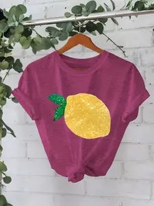 Sequin Lemon Print Vintage Style Women's Summer Casual T-Shirt, Fitted Short Sleeve Top, Comfortable Breathable S-Xxl