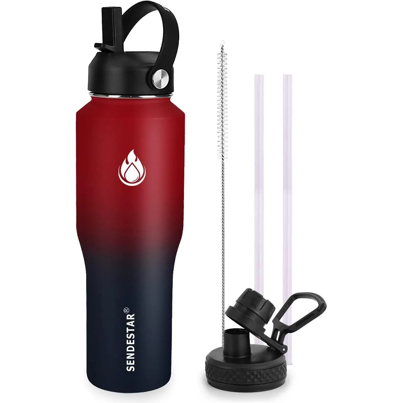 SENDESTAR 32/40oz Water Bottle Wide Mouth Stainless Steel Vacuum Insulated Double Wall with 2 Lids Fit in Any Car Cup Holder
