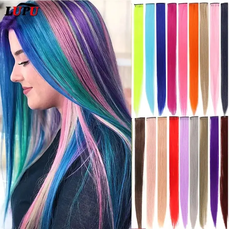 Colored Highlight 22 Inch Synthetic Hair Extensions Rainbow Long Straight Hairpieces for Women   Purple Pink Blue