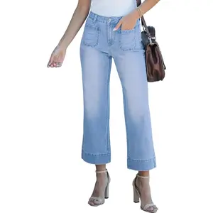 Wide Leg Jeans for Women Trendy High Waisted Flare Jeans Cropped Denim Pants Stretchy Baggy with Patch Pockets
