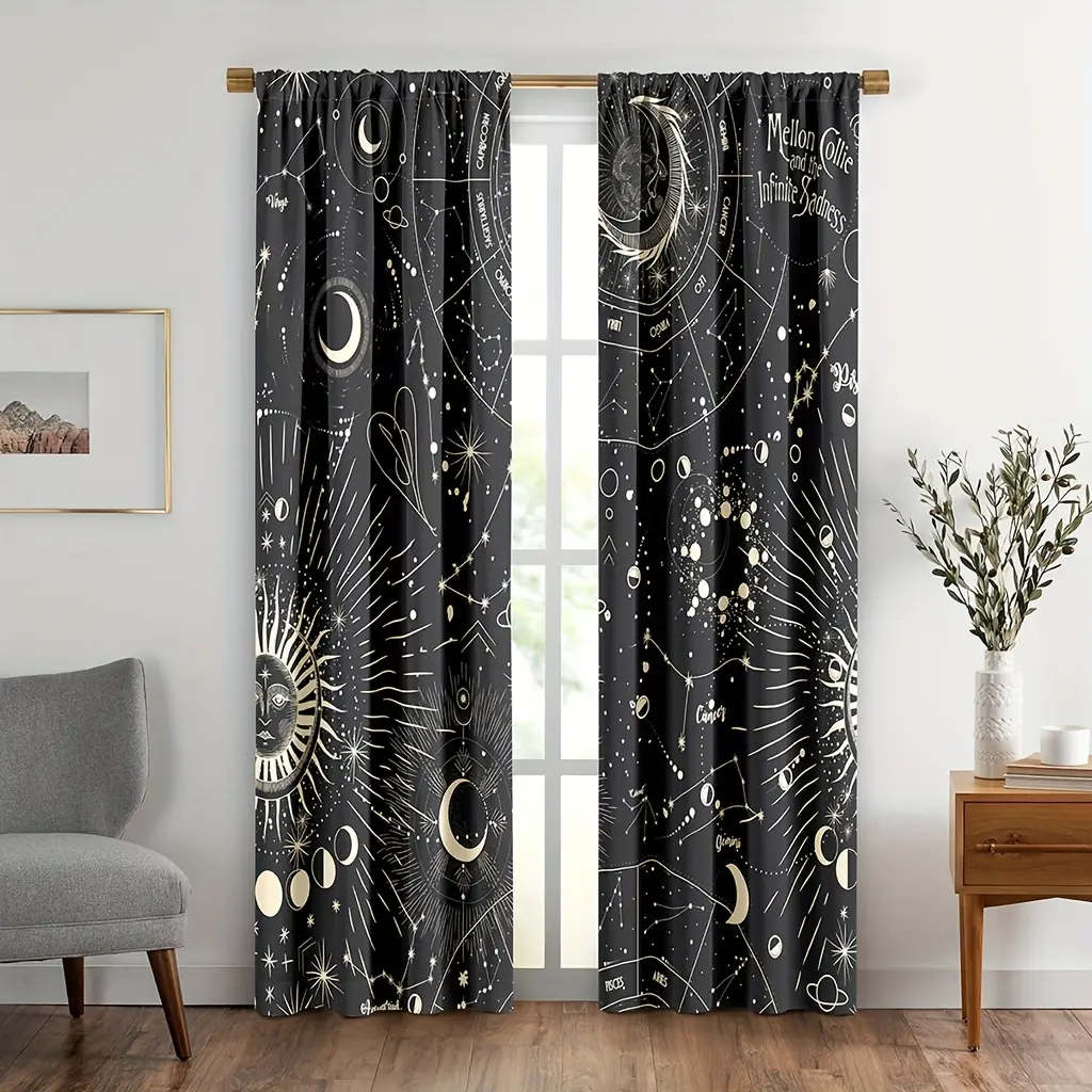 2-Piece Ready-Made Home Decorative Curtains, Polyester Fabric Constellation Starry Moon Phase Galaxy Celestial Gothic Mysticism Panels for Living Room Bedroom, Soft Design, Home Decorative Curtain