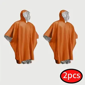 2pcs Thick Insulated Emergency Raincoat with Hood, Full Body Cover, Reusable Lightweight High-Quality Camping Gear, Reinforced Stitching Safety Essentials