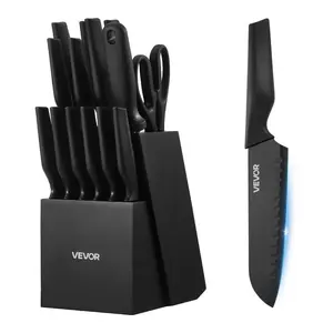 VEVOR Kitchen Knife Set with Block and Sharpener, 15 Piece High Carbon Stainless Steel Sharp Knife Set, Kitchen Cutlery with Ergonomic Handle, Sharpening Rod and Premium Wooden Block, for Home Cooks
