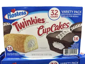 TWINKIES AND CUPCAKES  32 COUNT IN BOX PACK FROSTED CHOCOLATE CAKE WITH CREAMY FILLING