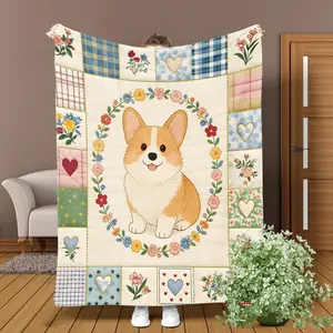 Luxurious Floral Heart Corgi Dog Print Flannel Blanket, Warm Comfortable, Perfect for Sofa Bed Office, All-Season Use, Ideal Gift