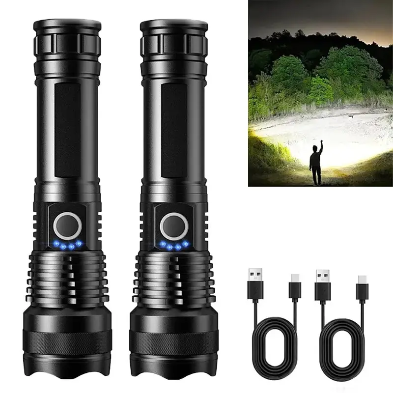 2-Pack Rechargeable Flashlights High Lumens - 90,000 LM Super Bright Adjustable LED Flashlight, IPX7 Waterproof with 5 Modes SOS Strobe, Zoomable 3280FT Long Range Torch Ideal for Camping, Hiking & Outdoor Emergencies