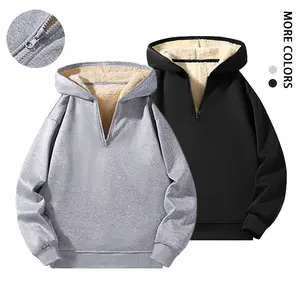 Winter Men's Black Hooded Half-Zip Fleece Jacket with Soft Lined Sherpa Fleece, Windproof Ribbed Cuffs, Warmth Locking Design, Stylish & Functional Minimalist Black Style, Easy to Match with Various Outfits, Combines Comfort and Trendiness, Long Sleeves,