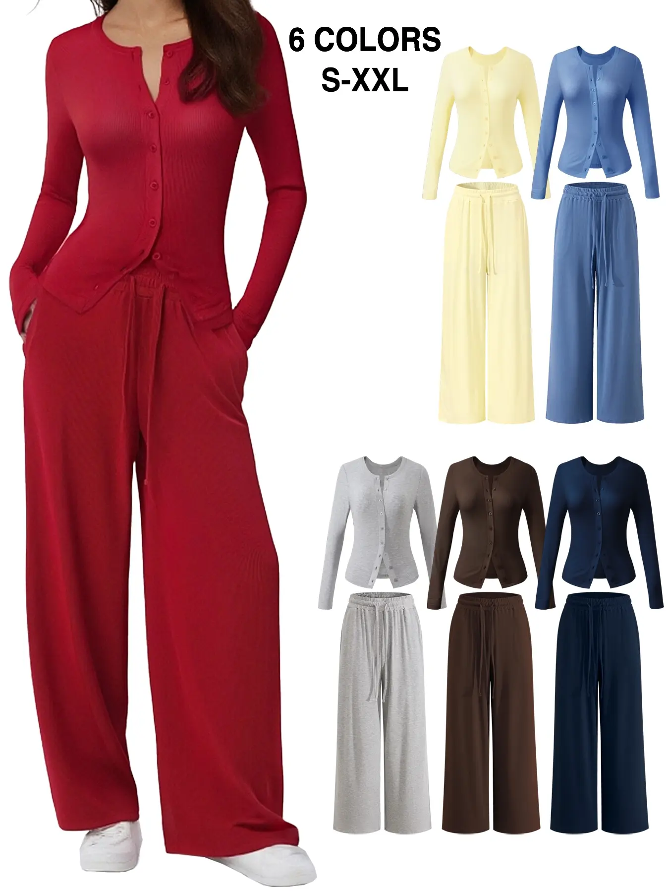 Women's Long Sleeve Round Neck Top & Wide Leg Pants, Knit Button Cardigan & Trousers Set, Spring Fall Solid Color Slim Fit, Casual Fashion Comfortable