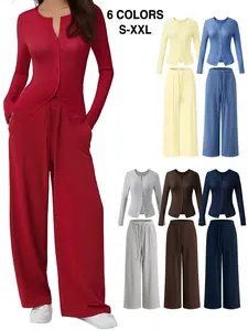 Women's Elegant Comfortable Long Sleeve Tops & Wide Leg Pants, Fashionable Knitted Round Neck Button Cardigan & Pants 2 Piece Set for Spring & Autumn, Breathable Solid Color Slim Fit Casual Suit, Suitable for Daily Commuting and Outdoor Activities Fitted