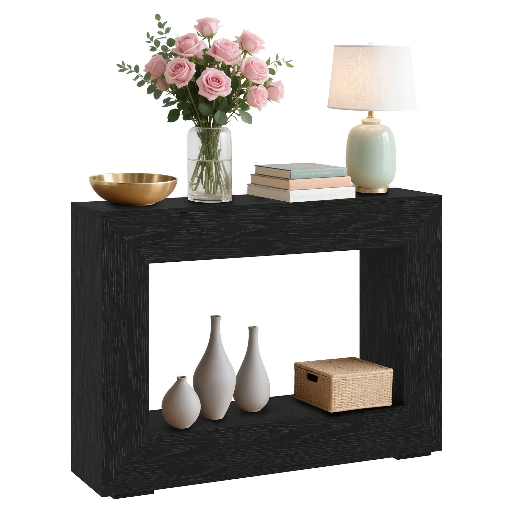 Farmhouse Narrow Console Table with Storage – Wooden Entryway Sofa Table for Hallway, Living Room, Foyer – Modern Accent Furniture, Burnt Wood Texture