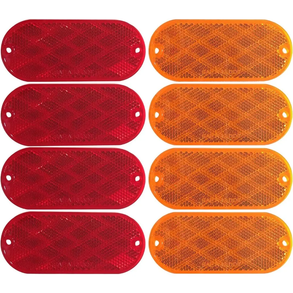 51018 Oval Reflectors 4 Red and 4 Amber Self Adhesive or Drill Mount-DOT 8 pack For Trucks,RV's,Campers,Bike Racks,Cargo Carriers 4-3/8 inch x 2 inch x 1/4 inch