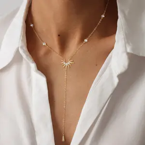 Tewiky Lariat Gold Long Necklace for Women Trendy Layered Y Necklace Dainty Pendant Drop Dangle Necklace Y-Shaped Necklace Simple CZ Necklace for Women Jewelry