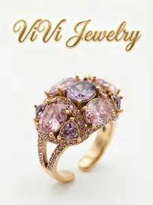 ViVi Jewelry Celestia Ring with Pink and Purple Stones in Gold Tone for Women Elegant Versatile Accessory for Casual Formal Occasions ring  tightener