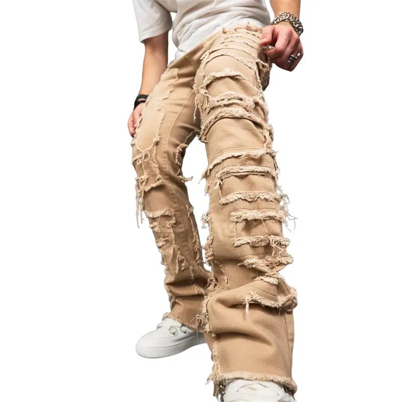 Men Stylish Vintage Khaki Stacked Spliced Slim Flared Jeans Pants Streetwear Hiphop Male Straight Biker Denim Trousers