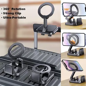 Magnetic Travel Phone Holder, 360° Rotating Foldable Airplane & Luggage Phone Stand, Compact Clip-On Design for Tray Tables, Universal for iPhone & Android