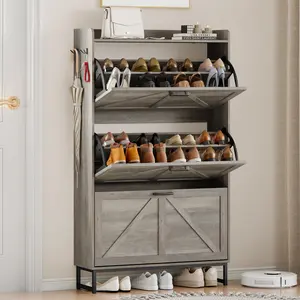 Freestanding Flip Shoe Storage Cabinet with 3 Drawers, Slim Hidden Shoe Rack Organizer for Narrow Entryway, Multifunctional Shoe Cabinet with Hooks & Open Storage for Living Room, Foyer, Bedroom