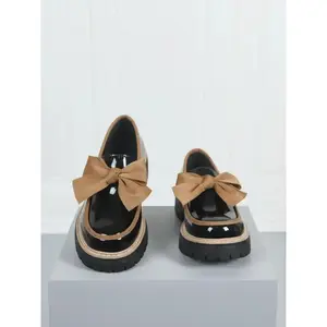 Women's Bowknot Loafers, Spring and Autumn Casual Flat PU Leather Shoes, Solid Color Pattern, Height Below Ankle。