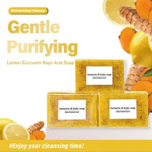 Lemon Turmeric Kojic Acid Soap Bar, Turmeric Soap Bar with Vitamin E for Dry Sensitive Skin, Lemon Soap for Face, Body and Hands (3 Bars)