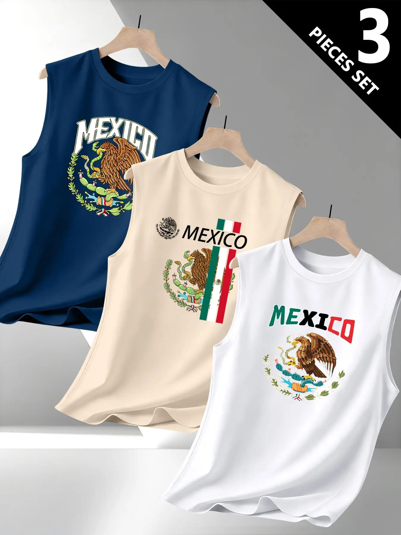 Men's Mexican Eagle Letter Print Graphic Sleeveless T-Shirt Vest Tee Set, Round Neck Vest Design, Casual Street Fashion Streetwear Tank Vest, 3 Piece Daily Wear Tank Top Set