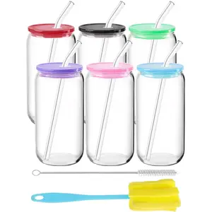 Glass Cups with Lids and Glass Straw, 1/6 Pack Beer Can Drinking Glasses, 16oz Beer Glasses, Iced Coffee Cups, Clear Water Tumblers, Glass Tumblers Cups for Cocktail, Whiskey, Tea, Glass Water Bottle