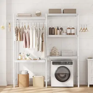 Garvee 30" Over-the-Toilet/Washer Shelf, 5-Tier Laundry Organizer, Double-Layer Wood Shelves, 100 LB Capacity, Adjustable Height Storage Rack for Small Spaces - White