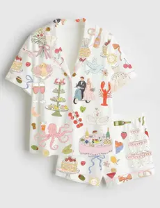 Watercolor Wedding Pajamas Dolce Vita Bridal Party Gift Whimsical Summer Satin Pjs Hand Drawn Aesthetic Loungewear Luxury Bride Set Short Sleeve Shirt & Pants