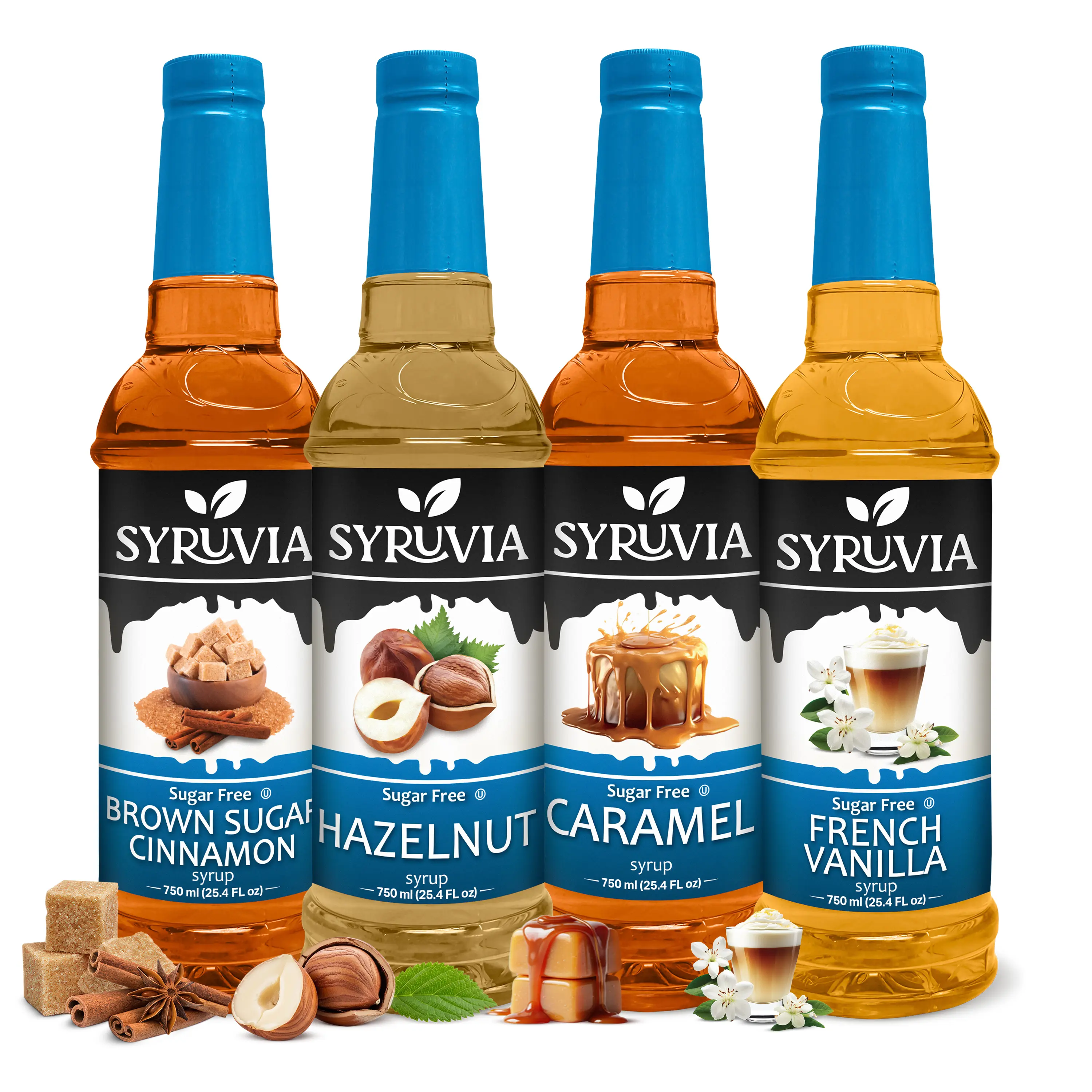 Syruvia Sugar-Free Sweet Coffee Syrups & Concentrates Variety Pack - Brown Sugar Cinnamon, Hazelnut, Caramel, French Vanilla Flavors - Gluten-Free, Kosher, 25.4 fl oz Bottles - 4-Pack for Coffee, Beverages
