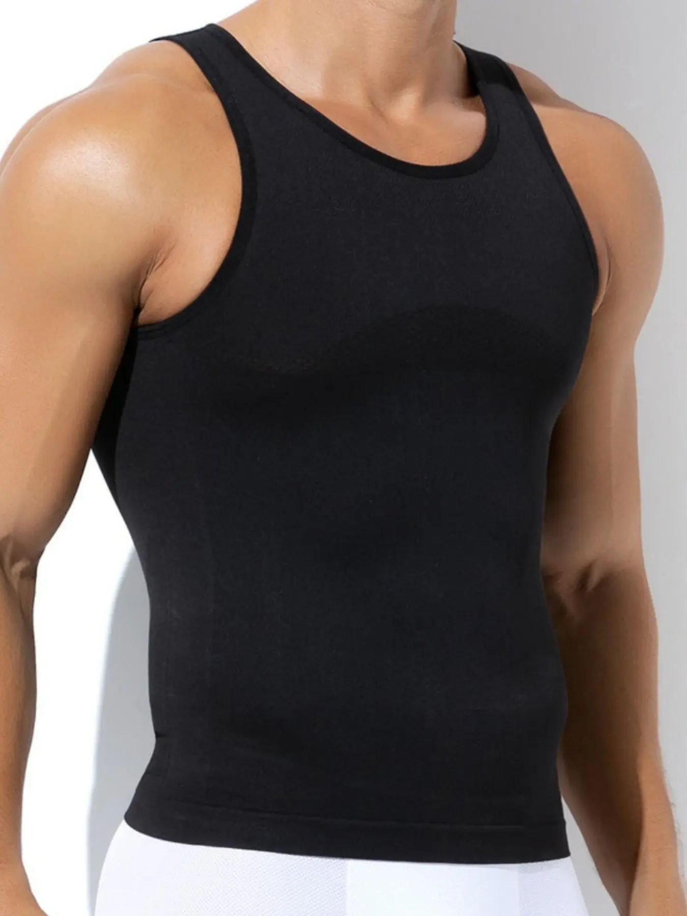 1 Count Men's High Elastic Breathable Fabric Seamless Knitted Design Corset, Sleeveless Compression Shaperwear Tops, Chest And Abdomen Tightening Silhouette Vest, Suitable For Beach Outings, Fitness Workouts