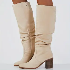 FMEYOA Womens Pointed Toe Mid Chunky Heel Side Zipper Knee High Boots Tall Booties