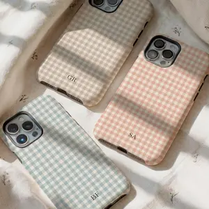 Boho Gingham Personalized Monogram Phone Case Initials Phone Cover for ip 17 16 15 14 13 12 11 ss s25 24 23