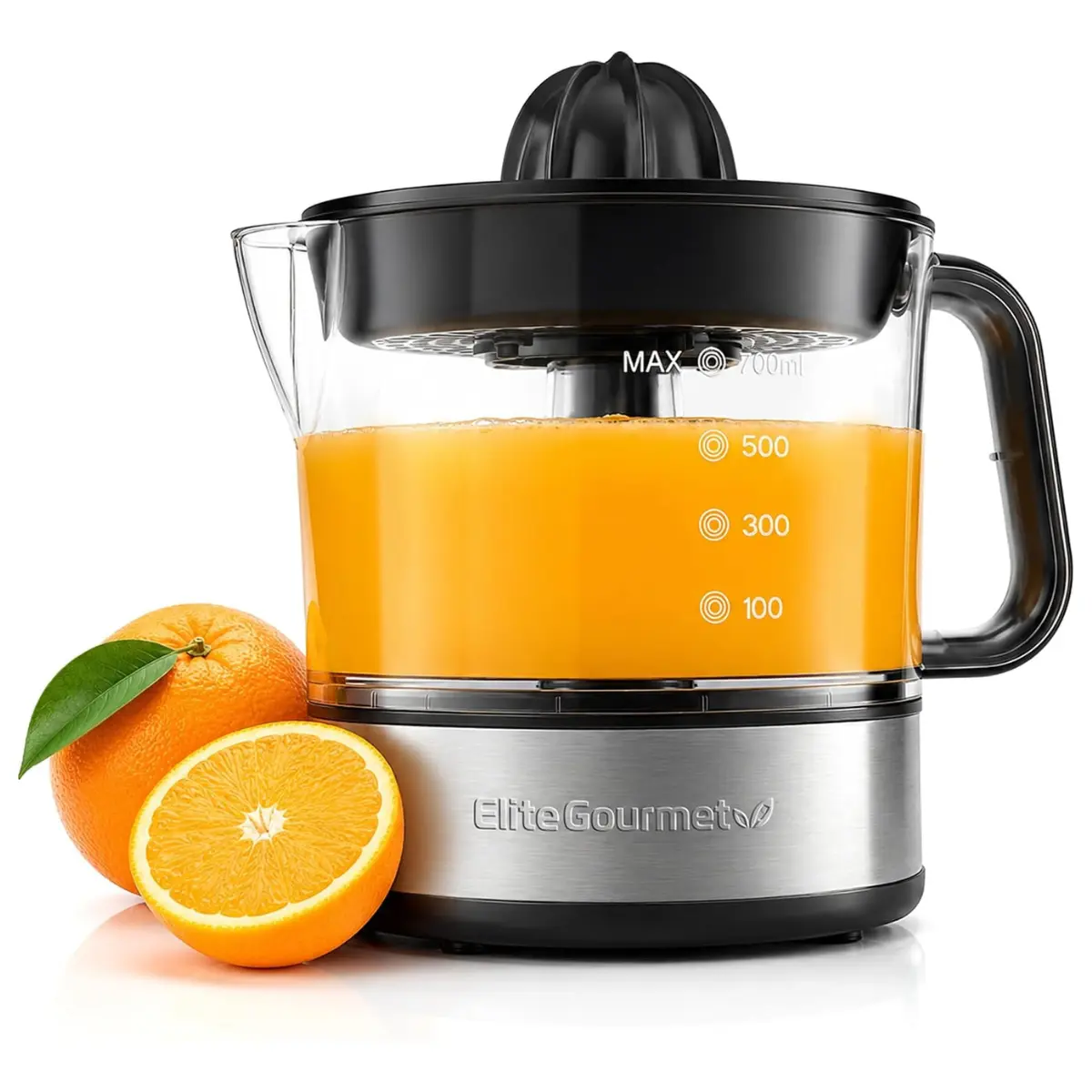 Elite Gourmet ETS623 Electric Citrus Masticating Juicer, 24 oz, Black/Stainless Steel - BPA-Free 40-Watt Motor, Compact, Large-Volume Pulp Control, Easy-Pour Spout for Oranges, Lemons, Limes