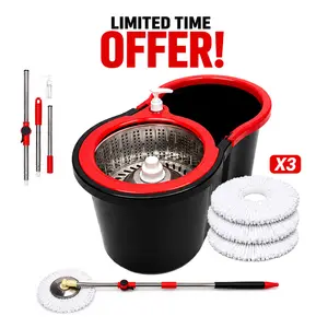 Spin Mop and Bucket System with Wringer Set, Stainless Steel Basket & Adjustable Handle, Easy Wringing Floor Cleaning Mop Bucket with Soap Dispenser and 3 Extra Microfiber Heads for All Floor Types