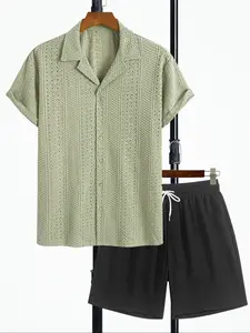 Men's Solid Color Top & Drawstring Waist Shorts Two-piece Set, Loose Casual Comfy Short Sleeve Shirt & Track Shorts, Men's Summer Outfits