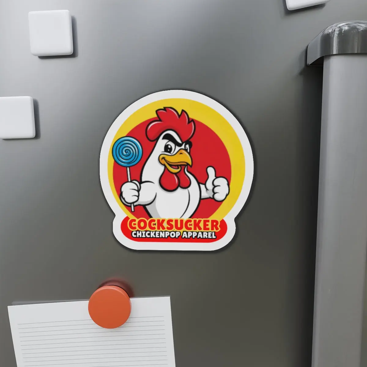 Die-Cut Magnet — 'Cocksucker' Chicken Mascot Funny Pop Culture Refrigerator Sticker
