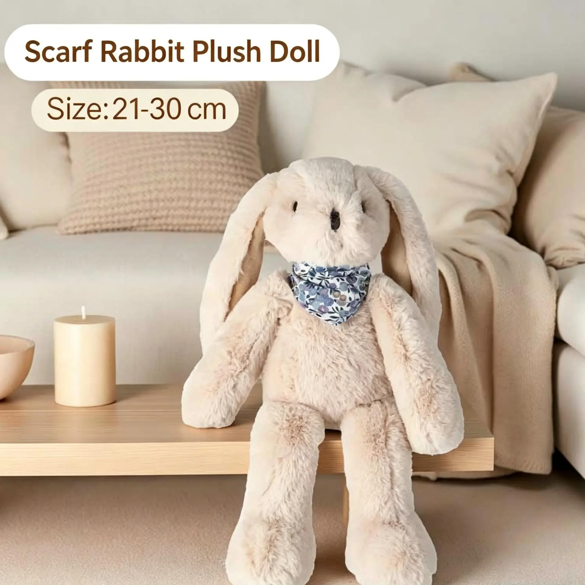 MINISO Scarf  Bunny Plush Doll, Floppy Ear Rabbit Stuffed Toy, Soft Comfort Plush Figure, Bedroom Decor & Holiday Gift For Girls
