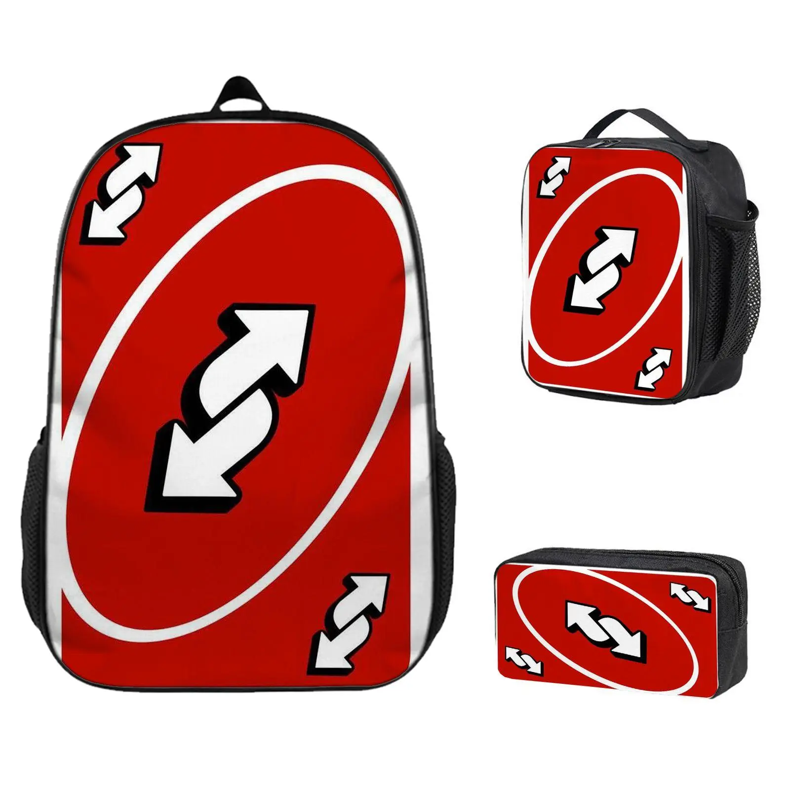 3-Piece Lightweight Casual Backpack Set - Insulated Meal Bag, Pencil Case,Red Reverse Card, Uno Game Accessory, Double Arrow Design, Party Game Supply, Plastic Playing CardAnime gifts, children will definitely love high-quality backpacks