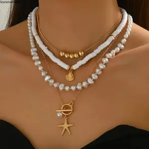 Layered Gold Seashell Starfish Conch Necklace, Adjustable Boho Beachy Jewelry for Women, Trendy Ocean Accessory for Summer Beach Outfit, Vacation Daily Wear & Holiday Gift