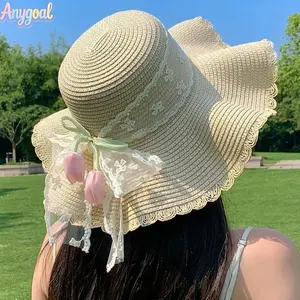 Anygoal Beach Hats for Women's UPF 50+ Wide Brim Straw Sun Hat, Foldable Floppy Beach Hat with Bow Tie Back and Frayed Edge,UV Sun Protection Sun  Breathable Lace Tulip Accent Sun Protection Hat for Summer Vacations, Beach Trips and Pool Parties