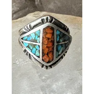 Cigar band ring size 4 pinky turquoise coral chips southwestern sterling silver women